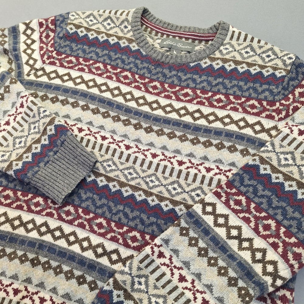 Eddie Bauer Mens Large Fair Isle Wool Blend Crewneck Sweater Multi-Color Grey